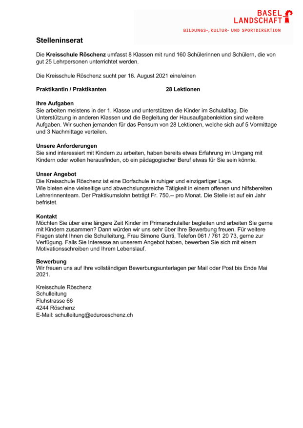Stelleninserat Praktikum Primarschule